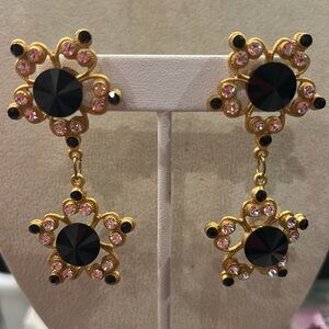 Black and Crystal Gold Star Flower Drop Earrings-Boutique
